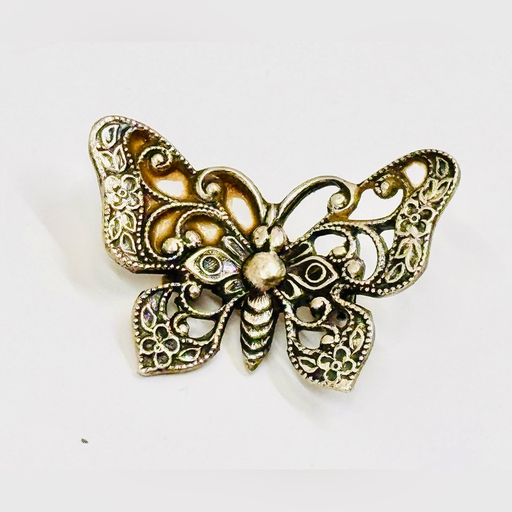 Vintage Beau Sterling Silver Filagree Butterfly Brooch Pin 1.15” X .85”